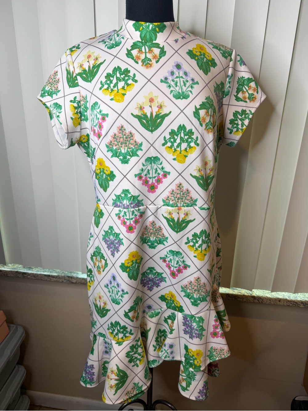 Bleecker 126 Floral Diamond Print Fit-and-Flare Dress in White Green Size 16